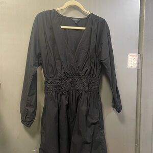 Black V-Neck Cotton Mini Dress with Smocked Waist